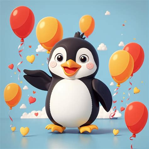 Premium Photo Cute Penguin Flying With Balloons Cartoon Vector