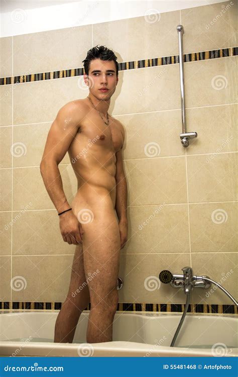 Naked Athletic Man Taking Shower At The Bathroom Stock Photo Image Of