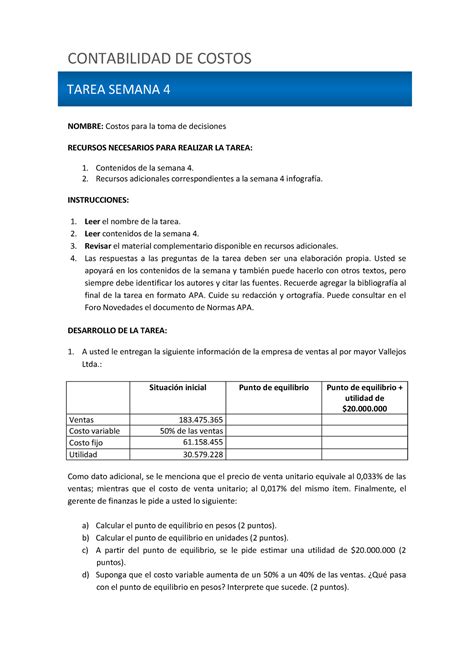 Contabilidad De Costos Tarea V Nombre Costos Para La Toma De