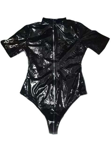 Short Sleeve Wet Look Pvc Catsuit Zipper Open Crotch Bodysuit Shiny