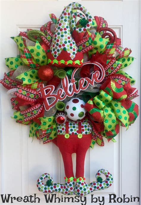 Christmas Deco Mesh Elf Wreath In Lime Emerald And Red Holiday Etsy