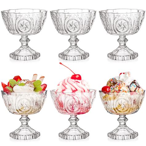 Lyellfe Set Of 6 Glass Dessert Bowls 10 Oz Vintage Ice Cream Sundae Cups Lead Free Footed