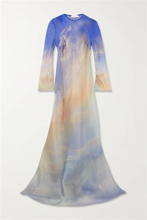 Zimmermann Tama Printed Silk Satin Maxi Dress Blue Editorialist