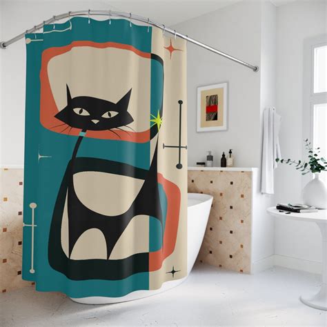 Atomic Cat Shower Curtains Mid Century Modern Geometric Teal Blue