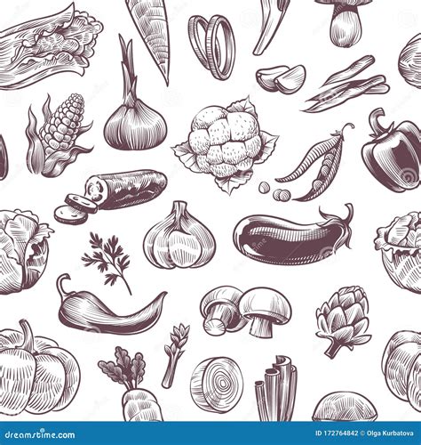 Vegetables Seamless Pattern Vintage Hand Drawn Harvest Vegetables