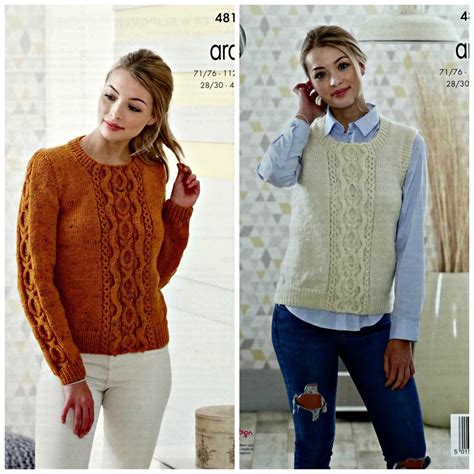 Knitting Pattern Ladies Long Sleeve Andsleeveless Cable Jumper Aran King Cole 4817 Ebay Womens