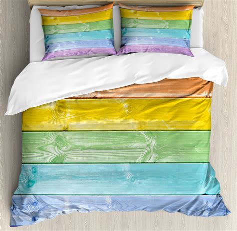 Pastel Duvet Cover Set Wooden Planks In Rainbow Colors Rural Rustic