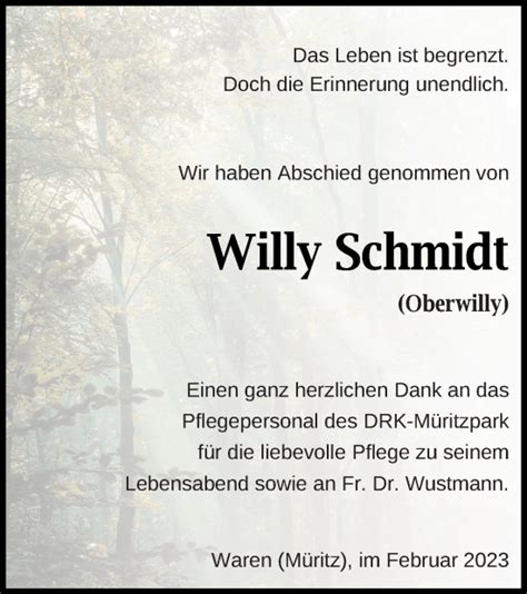 Traueranzeigen Von Willy Schmidt Trauer Nordkurier