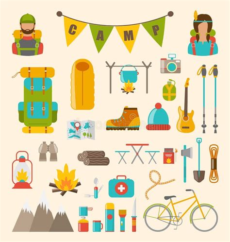 Set Of Camping And Hiking Equipment Stock Vector Illustration Of