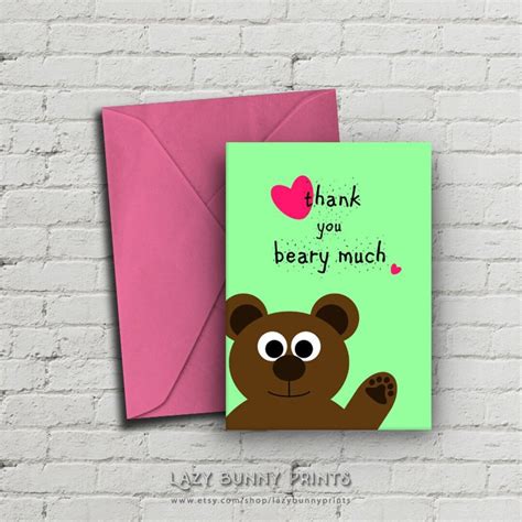 Thank You Pun Card Printable Appreciation Card Whimsical Bear Design