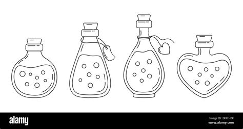 Set Of Hand Drawn Magic Potions In Line Style Isolated On White Background Outline Doodle