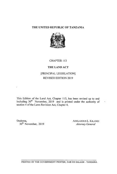 Land Act Cap R E The United Republic Of Tanzania Chapter