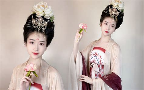 【汉服发型教程】簪花仕女图仿妆 晚唐五代高髻 汉服发型教程 哔哩哔哩