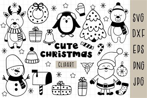 Cute Christmas clipart, Christmas animals, Black and white