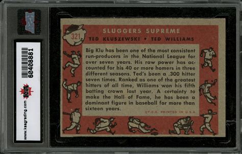 1958 TOPPS BASEBALL 321 SLUGGERS SUPREME TED KLUSZEWSKI TED WILLIAMS