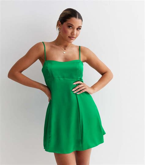 Green Satin Square Neck Strappy Mini Dress New Look