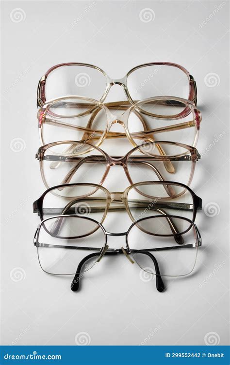 Old Reading Glasses Stacked In A Row On A White Background Stock Photo