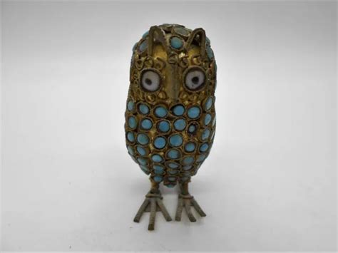 Figurine Statuette Hibou Chouette En Laiton Pierre Bleu Et