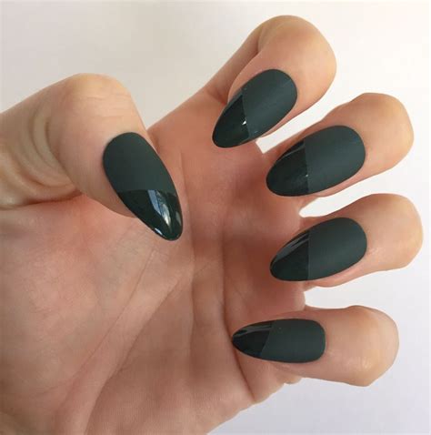 Set Of 24 Handmade Dark Green Matte And Gloss Almond Press On Nails