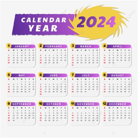 Tahun Kalender 2024 Warna Gradien Ungu Dan Kuning Vektor Kalender 2024