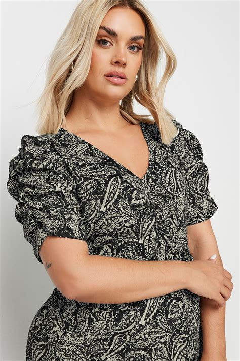 Yours Plus Size Black Paisley Print Textured Milkmaid Dress Yours