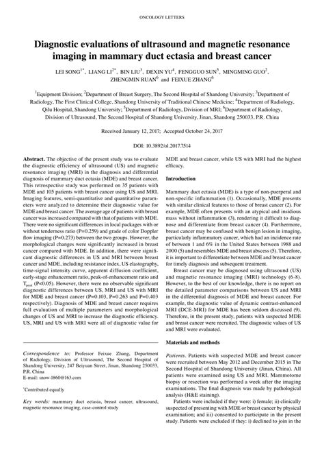 (PDF) Diagnostic evaluations of ultrasound and magnetic resonance imaging in mammary duct ...