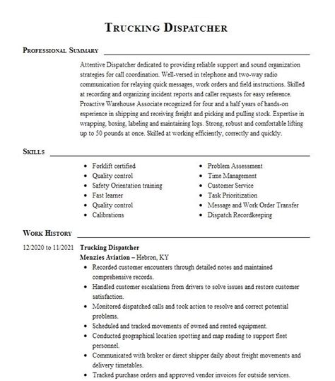 Transportation Dispatcher Resume Sample