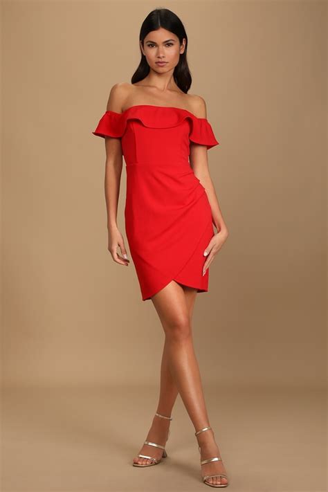 Red Mini Dress Off The Shoulder Dress Ruffled Bodycon Dress Lulus