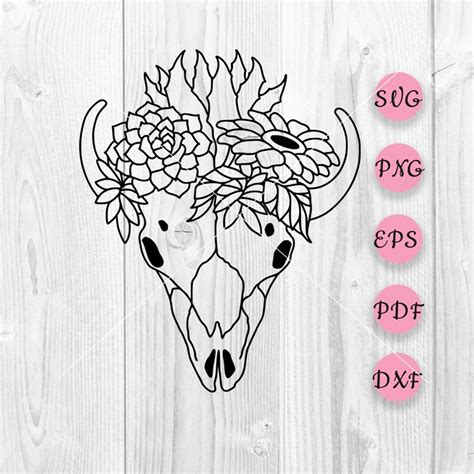 Cow Skull With Flowers Svg File Cow Skull Feathers Svg File Etsy