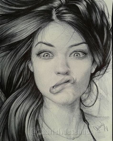 A Pencil Drawing Of A Woman Making A Face With Her Hair Blowing In The Wind