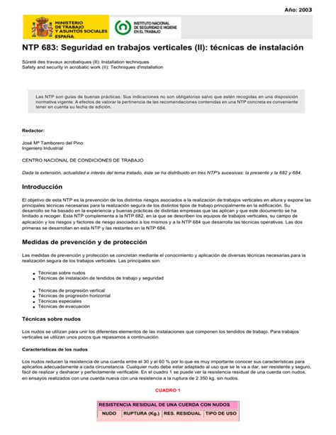 Nueva ventana NTP 683 Seguridad en trabajos verticales II técnicas