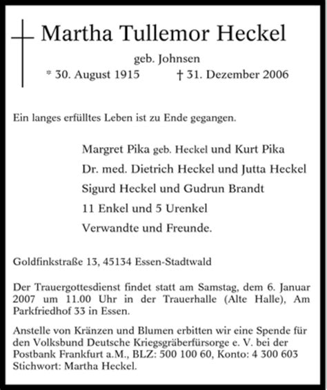 Traueranzeigen Von Martha Tullemor Heckel Trauer In NRW De