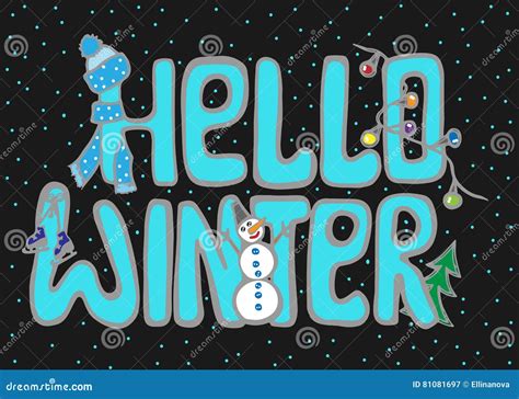 Hello Winter Greeting Card Lettering With Snow Stock Vector Illustration Of Cute Merry 81081697