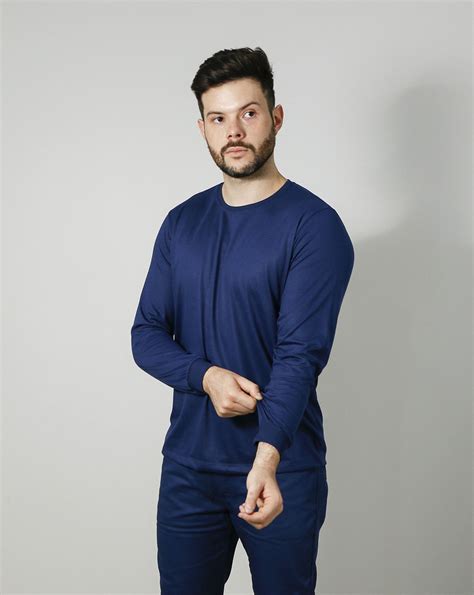 Camiseta Azul Marinho Manga Longa Masculina Pv Lasfer Store Moda