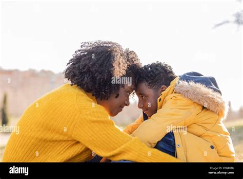 Affectionate Mother And Son Touching Foreheads In Park Stock Photo Alamy