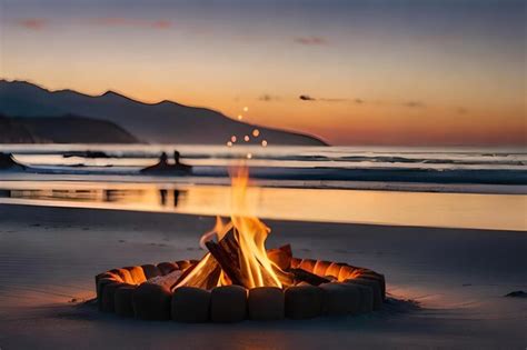 Premium AI Image | A fire pit on the beach at sunset.