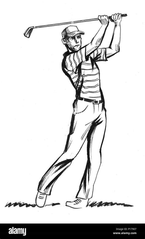 Golf Player Ink Black And White Illustration Stock Photo Alamy