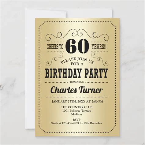 60th Birthday Party Gold Black Invitation Zazzle