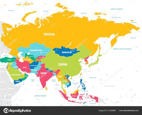 Vector Map Asia Continent Countries Capitals Main Cities Seas Islands ...