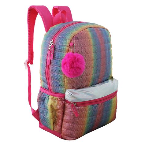 Mochila Feminina Juvenil Escolar Arco Ris Chaveiro Pompom Colorida