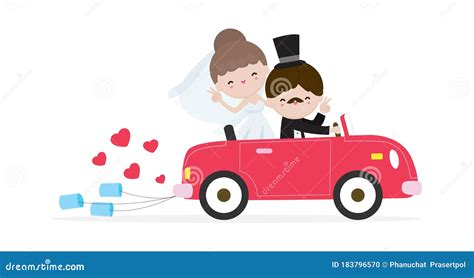 Just Married Couple In Wedding Car Bride And Groom On A Roadtrip In