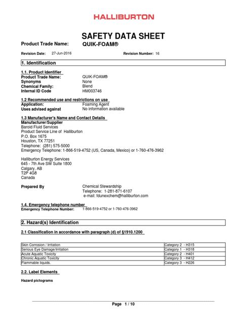 Safety Data Sheet Quik Foam Personal Protective Equipment Toxicity