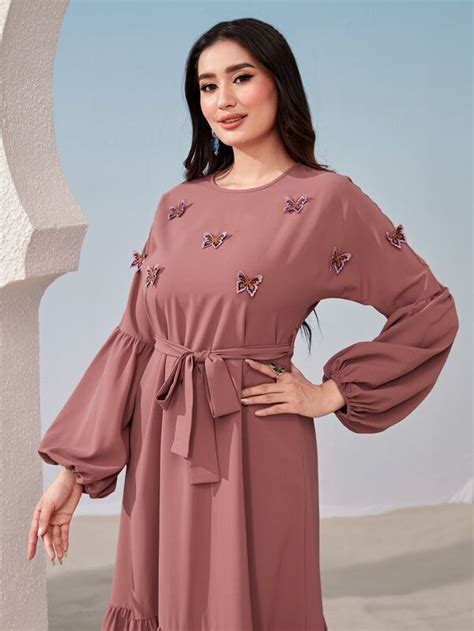 Shein Najma Butterfly Appliques Lantern Sleeve Ruffle Hem Belted Dress