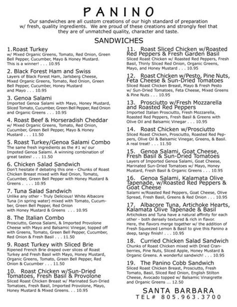 Panino Montecito menu in Santa Barbara, California, USA