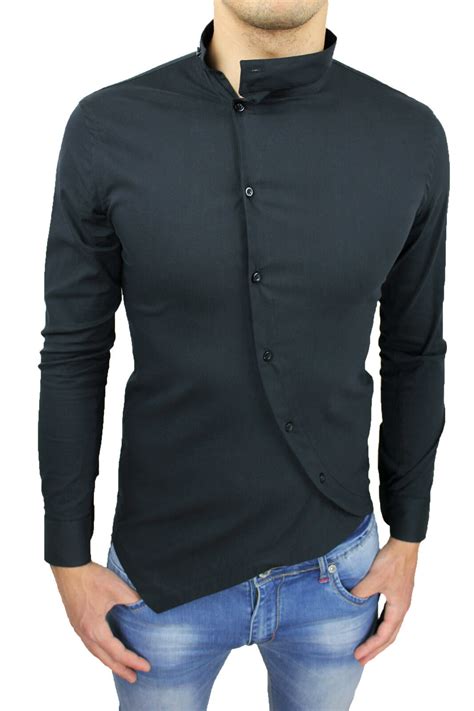 Camicia Uomo Slim Fit Nero Cotone Elast Con Colletto Coreana Tg Xs S M