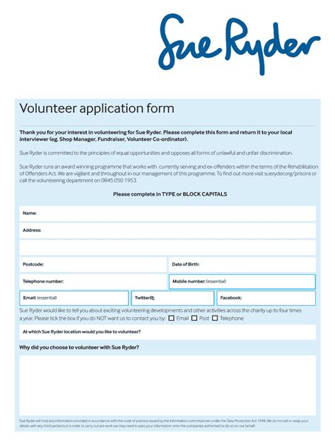 Fillable Online Sueryder Sue Ryder Volunteer Application Form Fax Email