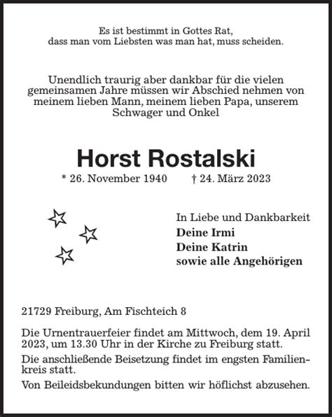 Horst Rostalski Traueranzeige Stader Tageblatt