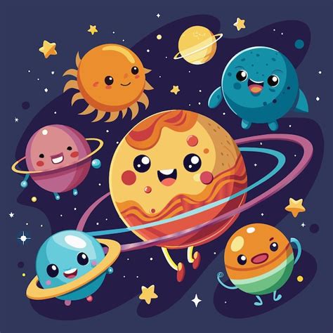 Um Desenho De Desenho Animado De Planetas E Estrelas Vetor Premium