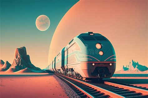 Retro Futuristic Train and Track in Pastel Colour Theme Stock Illustration - Illustration of ...