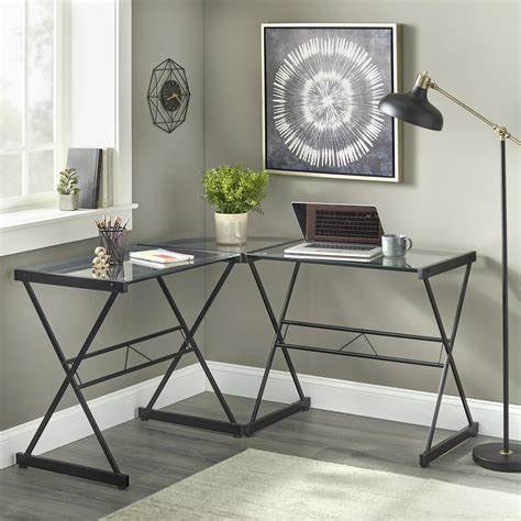 L Shaped Glass Desk With Trestle Base Minimalist Modern Metal Desks For Sale Online Lightweight